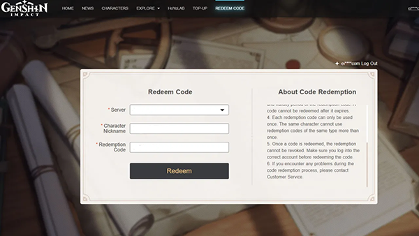 Genshin Impact how to redeem codes